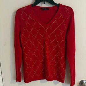 Tommy Hilfiger Bright Red Crewneck Sweater with Logo Tag